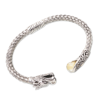 Citrine cuff bracelet, 'Victory Dragon' - Sterling Silver Dragon Cuff Bracelet with One-Carat Citrine