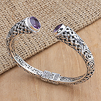 Amethyst cuff bracelet, 'Purple Heritage' - Sterling Silver Cuff Bracelet with Faceted Amethyst Stones