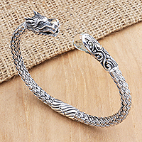 Prasiolite cuff bracelet, 'Prosperity Dragon' - Sterling Silver Dragon Cuff Bracelet with Faceted Prasiolite