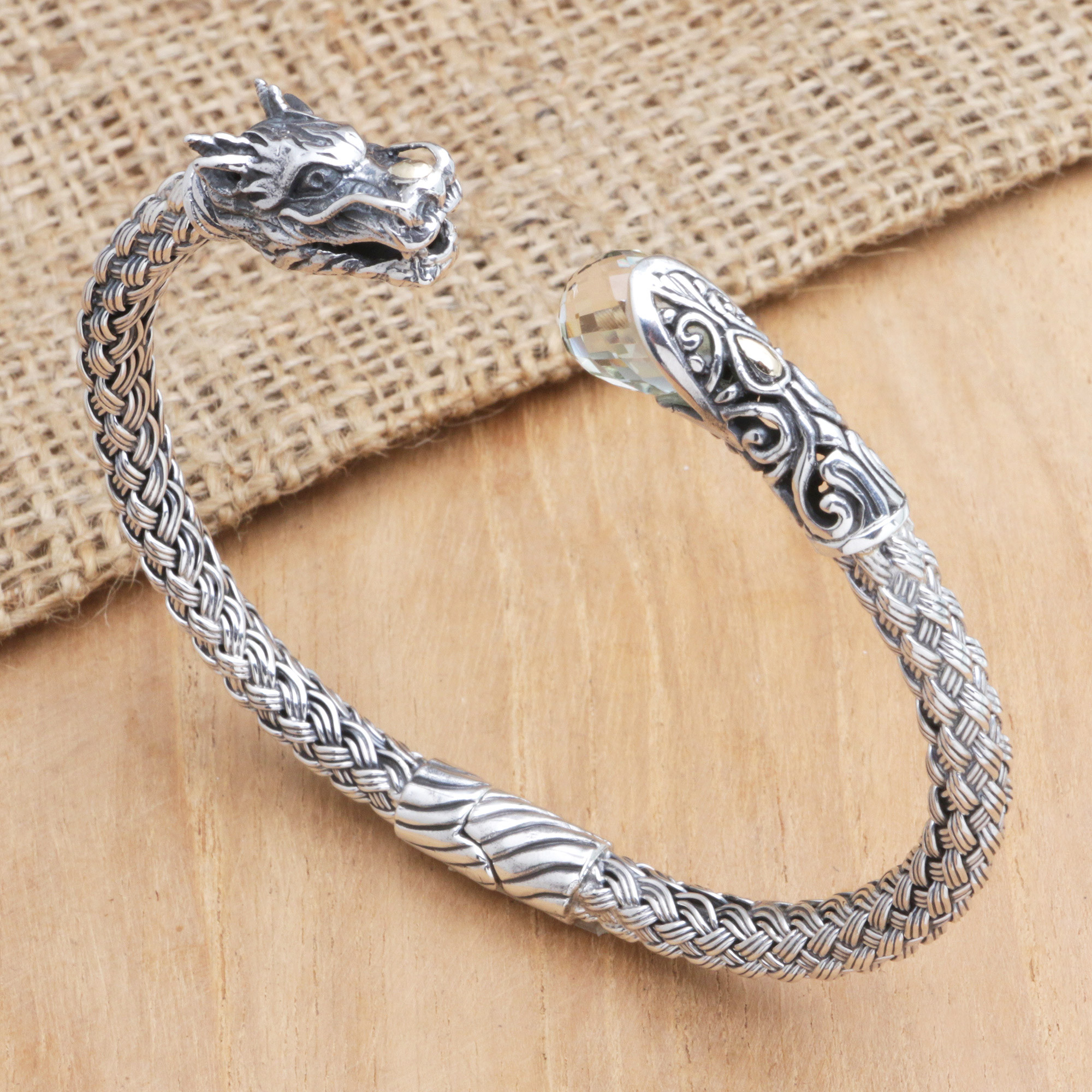 Sterling Silver Dragon Cuff Bracelet with Faceted Prasiolite