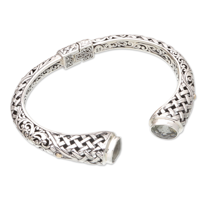 Prasiolite cuff bracelet, 'Luminous Heritage' - Sterling Silver Cuff Bracelet with Faceted Prasiolite Stones