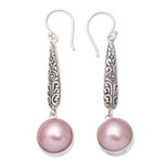 Cultured pearl dangle earrings, 'Innocence and Friendship' - Balinese Sterling Silver Dangle Earrings with Pink Pearls