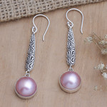 Cultured pearl dangle earrings, 'Innocence and Friendship' - Balinese Sterling Silver Dangle Earrings with Pink Pearls