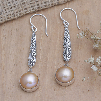 Cultured pearl dangle earrings, 'Innocence and Prosperity' - Balinese Sterling Silver Dangle Earrings with Golden Pearls
