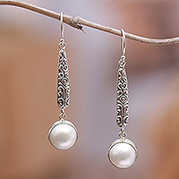 Cultured pearl dangle earrings, 'Innocence and Balance' - Balinese Sterling Silver Dangle Earrings with Grey Pearls