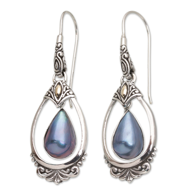 Gold-accented cultured pearl dangle earrings, 'Blue Victoriana' - 18k Gold-Accented Dangle Earrings with Blue Pearls