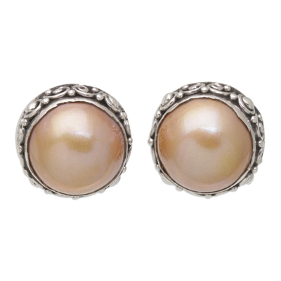 Balinese Sterling Silver Button Earrings with Golden Pearls