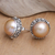 Cultured pearl button earrings, 'Golden Pearl Trophy' - Balinese Sterling Silver Button Earrings with Golden Pearls