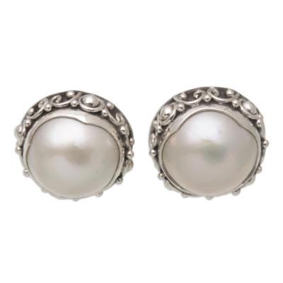 Balinese Sterling Silver Button Earrings with Grey Pearls