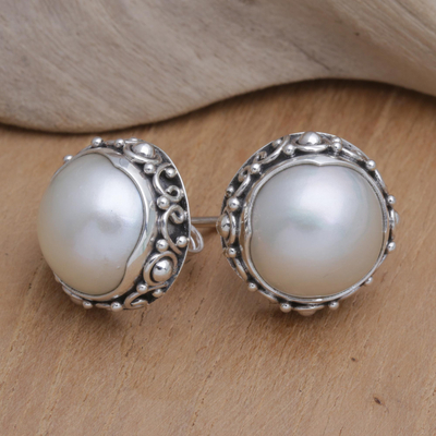 Aretes de perlas cultivadas - Pendientes Balineses Botón de Plata de Ley con Perlas Grises