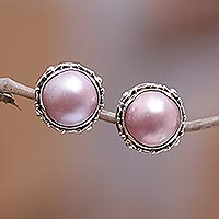 Pendientes de botón de perlas cultivadas, 'Pink Pearl Trophy' - Pendientes de botón de plata de ley balinesa con perlas rosas