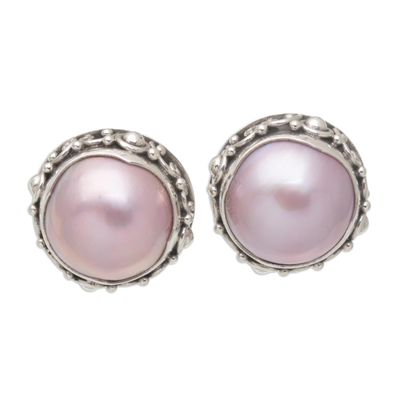 Balinese Sterling Silver Button Earrings with Pink Pearls