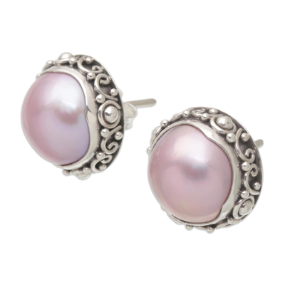 Cultured pearl button earrings, 'Pink Pearl Trophy' - Balinese Sterling Silver Button Earrings with Pink Pearls