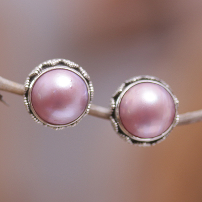 Cultured pearl button earrings, 'Pink Pearl Treasure' - Geometric Sterling Silver Button Earrings with Pink Pearls