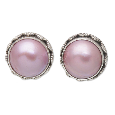Aretes de perlas cultivadas - Pendientes Botón Geométricos en Plata de Ley con Perlas Rosas