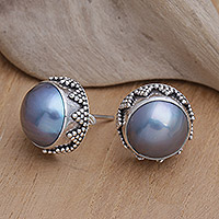 Cultured pearl button earrings, 'Blue Pearl Treasure' - Geometric Sterling Silver Button Earrings with Blue Pearls