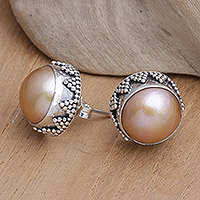 Aretes de perlas cultivadas - Pendientes Botón Geométricos en Plata de Ley con Perlas Doradas