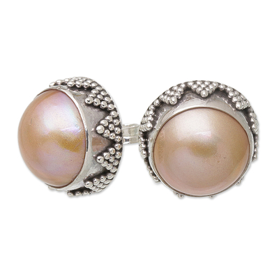 Cultured pearl button earrings, 'Golden Pearl Treasure' - Geometric Sterling Silver Button Earrings with Golden Pearls
