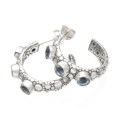 Blue topaz half-hoop earrings, 'Sea Trinity' - Traditional Half-Hoop Earrings with 3-Carat Blue Topaz Gems