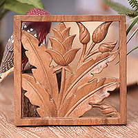Wood wall panel, 'Window to Paradise' - Hand-Carved Balinese Floral and Leafy Suar Wood Wall Panel