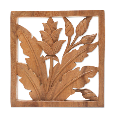 Panel de pared de madera - Panel de pared de madera de suar floral y frondoso balinés tallado a mano