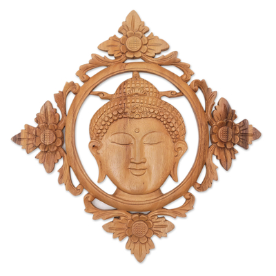 Panel de pared de madera - Panel de pared de Buda de madera de suar marrón tallada a mano