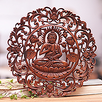 Wood relief panel, 'Vitarka Sage' - Brown Suar Wood Leafy Relief Panel of Sage Buddha