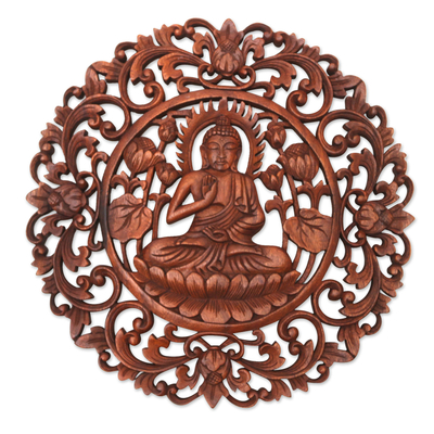 Reliefplatte aus Holz - Braunes Suar-Holz-Blattrelief-Panel des Salbei-Buddha