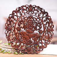 Wood relief panel, 'Ganesha's Wisdom' - Brown Suar Wood Leafy Relief Panel of Sage Ganesha