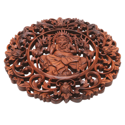 Panel en relieve de madera - Panel de relieve frondoso de madera de suar marrón de salvia Ganesha
