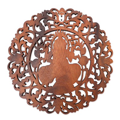Wood relief panel, 'Ganesha's Wisdom' - Brown Suar Wood Leafy Relief Panel of Sage Ganesha