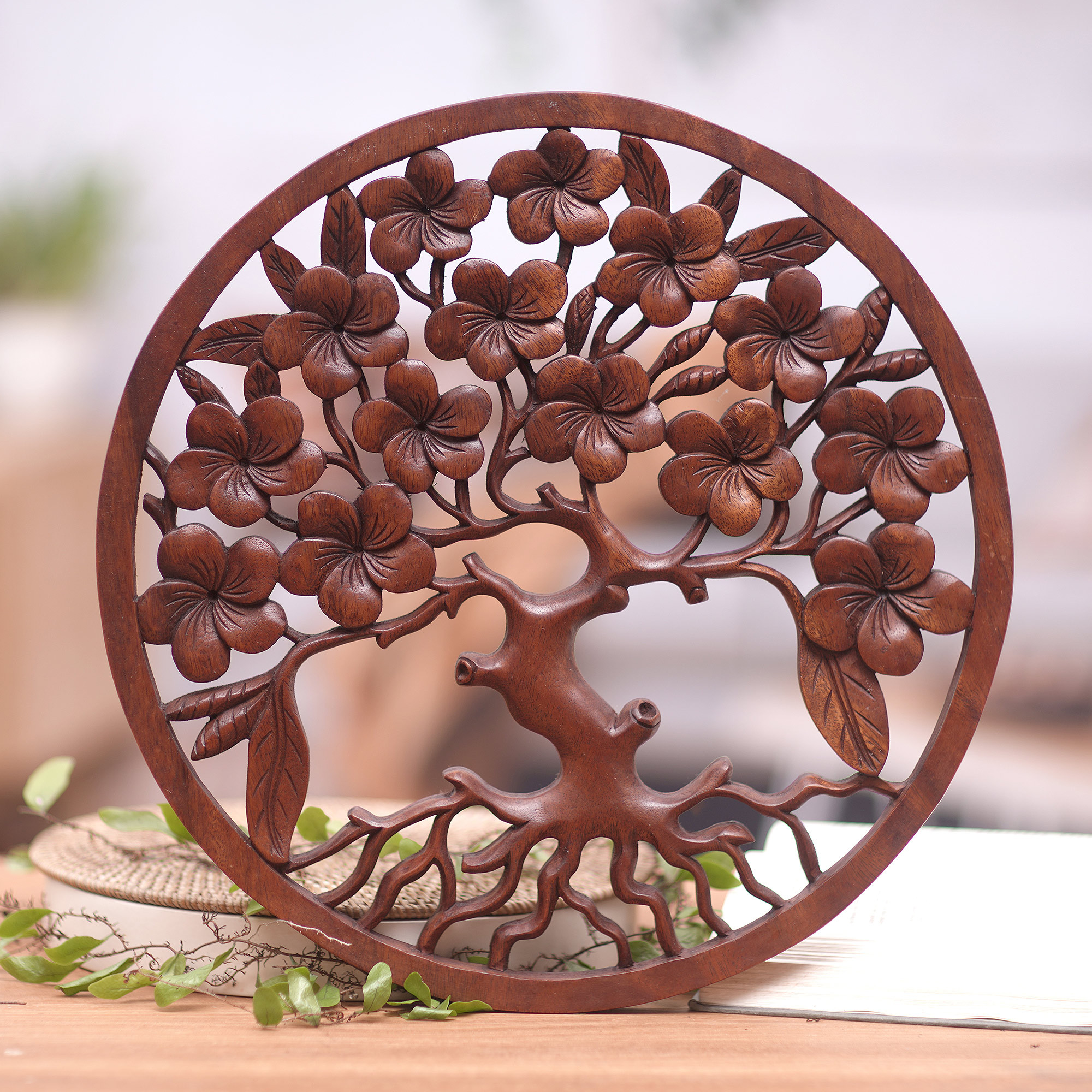 Brown Suar Wood Leafy Relief Panel Handcrafted in Bali - Fertility