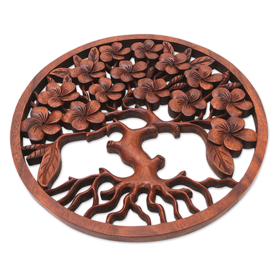 Wood relief panel, 'Fertility Leaves' - Brown Suar Wood Leafy Relief Panel Handcrafted in Bali