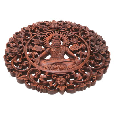 Reliefplatte aus Holz - Blattreliefplatte aus braunem Suar-Holz von Salbei Shiva