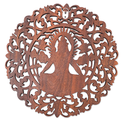 Wood relief panel, 'Sacred Shiva' - Brown Suar Wood Leafy Relief Panel of Sage Shiva