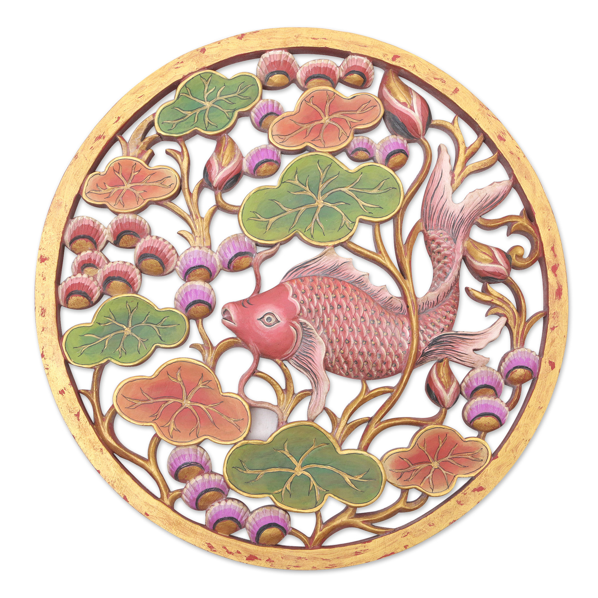 Koi Fish Pond Theme Suar Wood Wall Relief Panel from Bali Koi