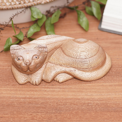 Wood sculpture, 'Lazy Feline' - Hand-Carved Cat Jempinis Wood Sculpture in Natural Brown