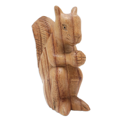 Wood sculpture, 'Vivacious Squirrel' - Hand-Carved Squirrel Wood Sculpture in Natural Brown