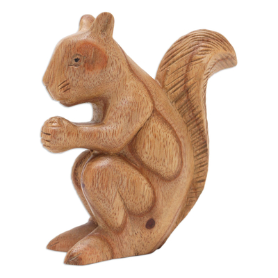 Wood sculpture, 'Vivacious Squirrel' - Hand-Carved Squirrel Wood Sculpture in Natural Brown