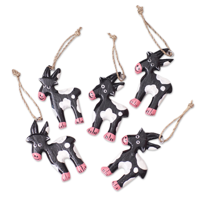Wood ornaments, 'Night Deers' (set of 5) - Set of 5 Handcrafted Albesia Wood Deer Ornaments in Black