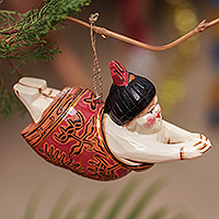 Wood ornament, 'Graceful Dive' - Hand-Painted Albesia Wood Ornament of Diving Woman