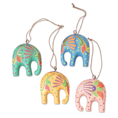 Wood ornaments, 'Sweet Trunks' (set of 4) - Handcrafted Multicolor Elephant Wood Ornaments (Set of 4)