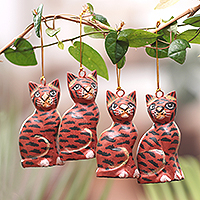 Wood ornaments, 'Baby Felines' (set of 4) - Set of 4 Jempinis Wood Hand-Painted Ornaments