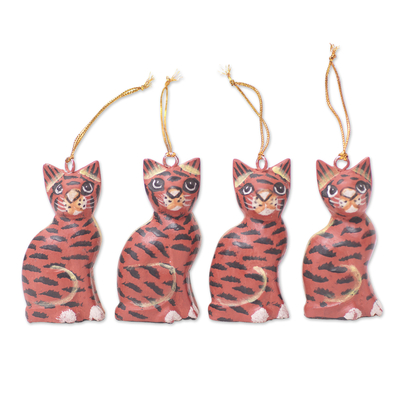 Wood ornaments, 'Baby Felines' (set of 4) - Set of 4 Jempinis Wood Hand-Painted Ornaments