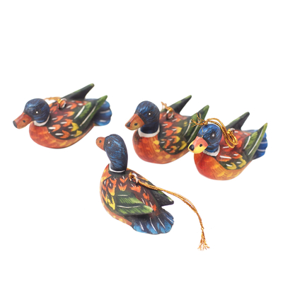 Wood ornaments, 'Dazzling Plumage' (set of 4) - Handcrafted Jempinis Wood Duck Ornaments (Set of 4)