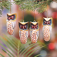 Wood ornaments, 'Colorful Sages' (set of 4) - Set of 4 Hand-Carved Painted Jempinis Wood Owl Ornaments