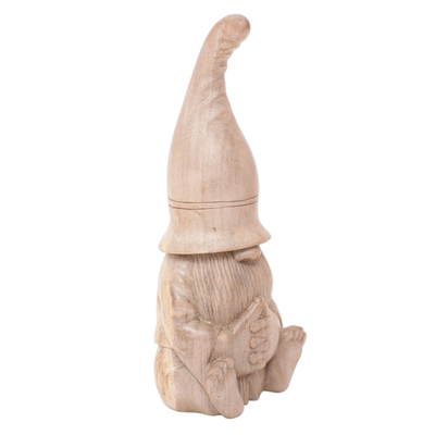Wood sculpture, 'Praying for Nature' - Hand-Carved Gnome Hibiscus Wood Sculpture from Bali