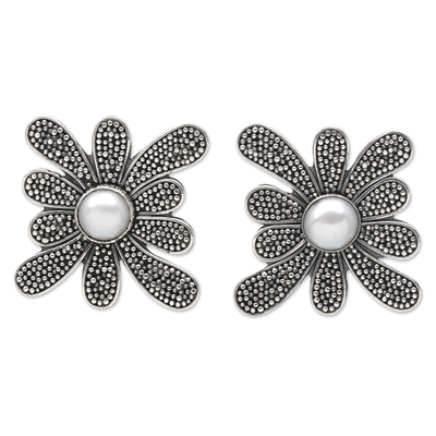 Cultured pearl button earrings, 'Innocence Petals' - Sterling Silver Speckled Floral Button Earrings with Pearls