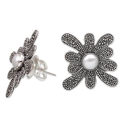 Cultured pearl button earrings, 'Innocence Petals' - Sterling Silver Speckled Floral Button Earrings with Pearls