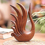 Hand-Carved Brown Suar Wood Sculpture of Elegant Swan, 'Divine Swan'